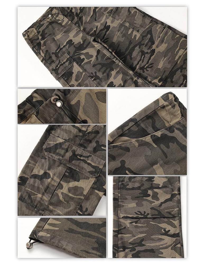 Women's American Camouflage Straight Cargo Pants - 2025 Spring/Autumn Collection, High-Waist Loose Fit Wide Leg.