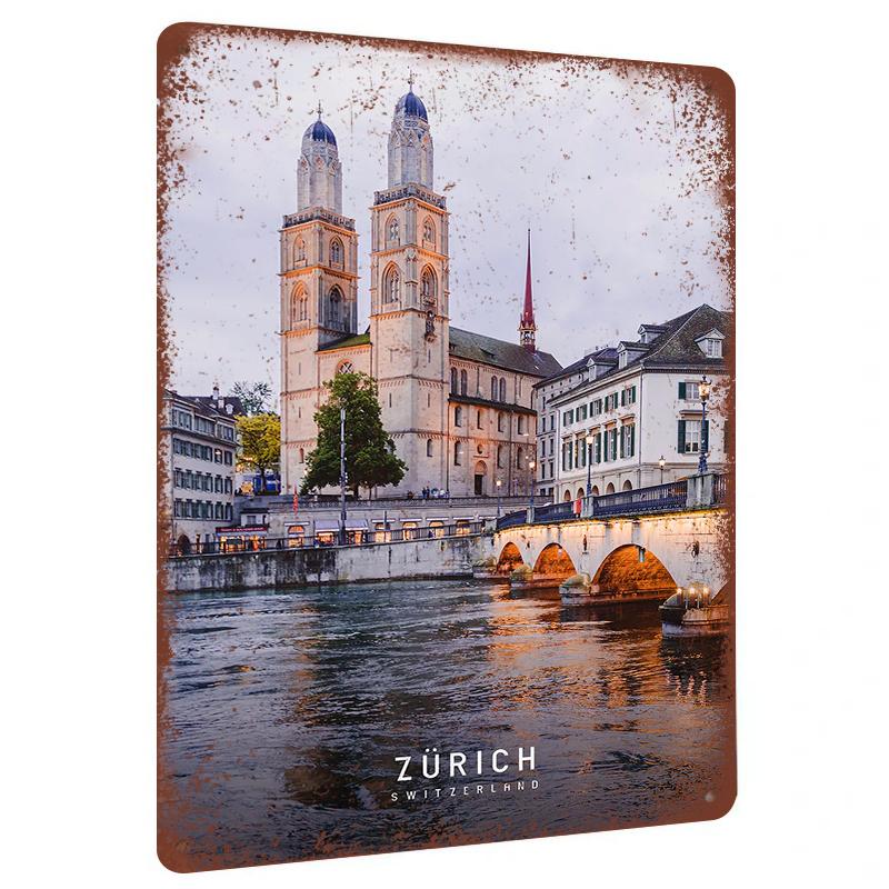 

Zurich Switzerland Landmark Metal Wall Art Cityscape Church Bridge Decorative Iron Painting for Home Living Room Bedroom 20x30cm（7.8x11.8inch）