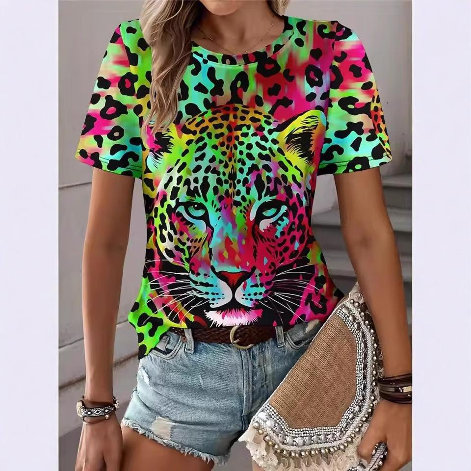 Summer Colored Leopard Print 3D Printed T-shirts for Street Casual and Fashionable Round Neck Short Sleeved Women's T-shirts