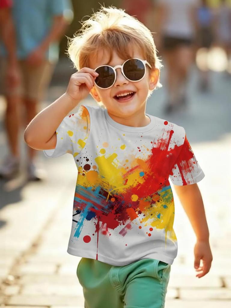Pigment Pattern T-Shirt for Kids Colorful 3D Printed T-Shirts Summer Casual Streetwear Loose Tops Round Neck Short Sleeve Tees