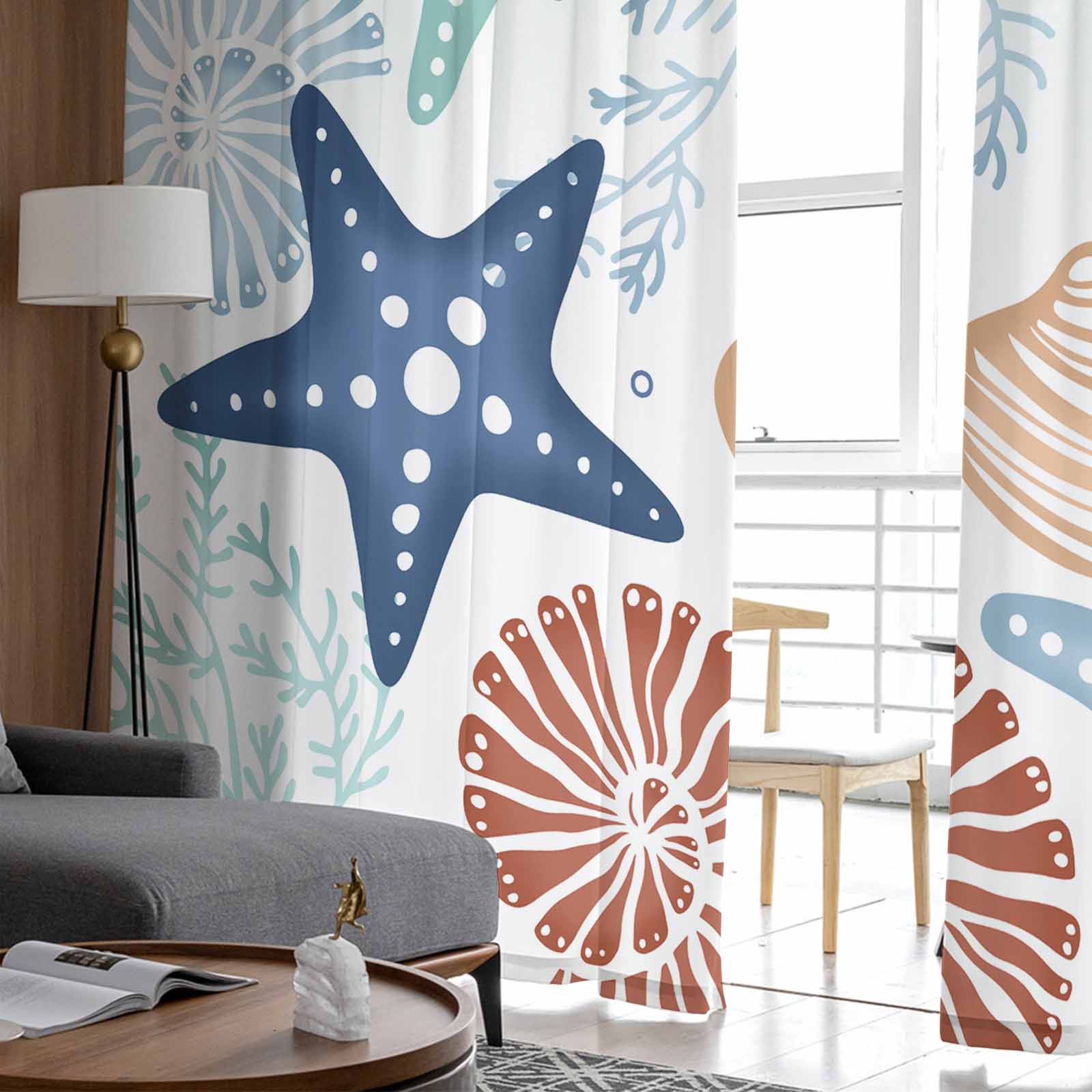 Морские коралловые морские звезды ракушки утки зеленые синие тюль занавески для гостиной — фото 4