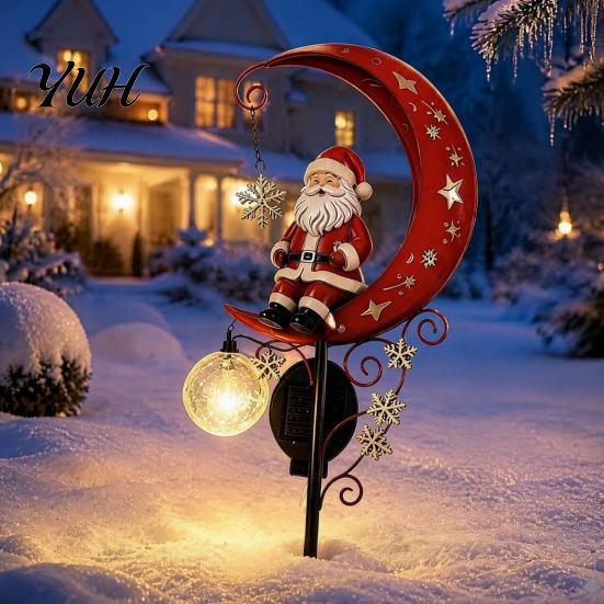 Solar Powered Christmas Decor 31 Inch Solar-Powered Garden Stake Light, Santa Claus On A Moon LED Pathway Retro Style Art Light with Snowflake Charm,