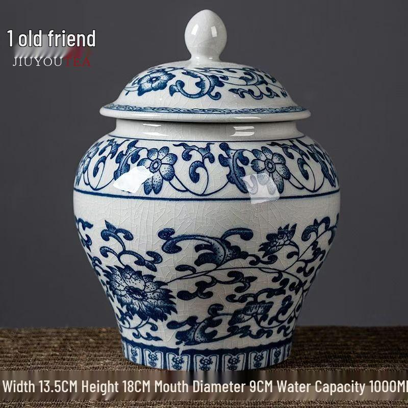 Blue & White Ceramic Tea Storage Jar - Retro Pottery Design, Moisture-Proof Seal