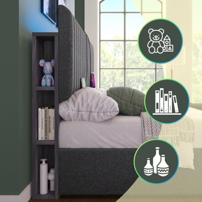 Lit double rembourré LED - MUVOE - 160x200 cm - Tête de lit réglable - USB Type C - Matelas inclus