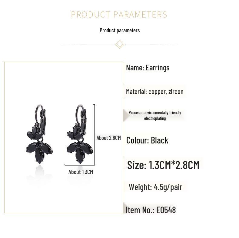 French Retro Black Zirconia Leaf Earrings – Unique Dark Series Design
