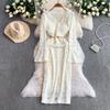 French Celebrity Muse Fan Flocking Lace V-Neck Horn Long Sleeve Design Chain Waist Skinny Dress Dress