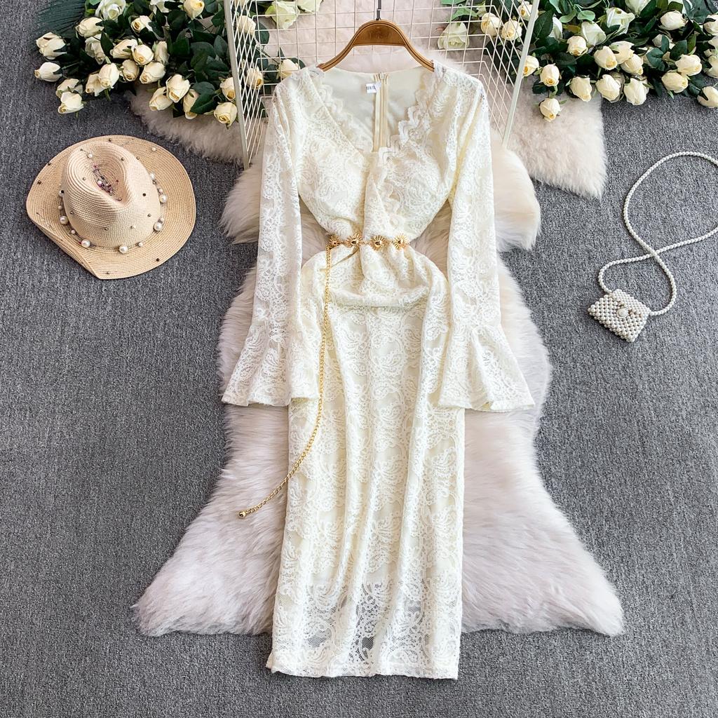 French Celebrity Muse Fan Flocking Lace V-Neck Horn Long Sleeve Design Chain Waist Skinny Dress Dress