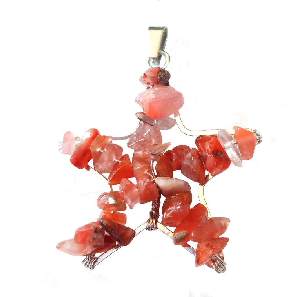 Star Pendant In Carnelian Pearl Chips + Chain