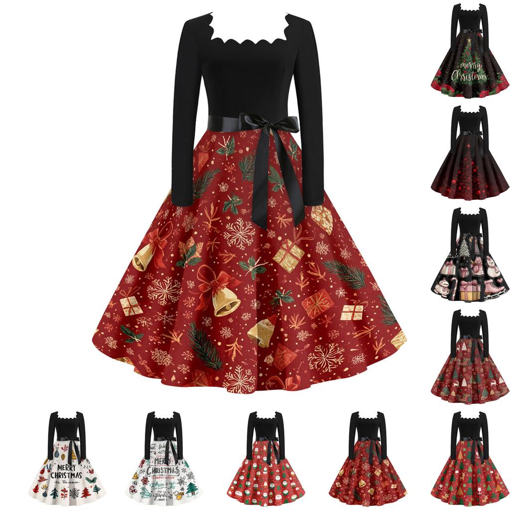 Women's Casual Fashion V Neck Christmas Printed Vintage Dress