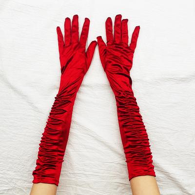 Moda Sexy Luvas Longas Sólidas Plissadas de Cetim Performance Casamento Ópera Festa Noturna Vestido Luvas
