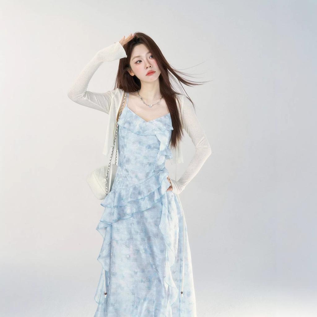 Blue Splicing Suspender Dress Dress Summer New Popular Waist and Thin Temperament Large Size Dress