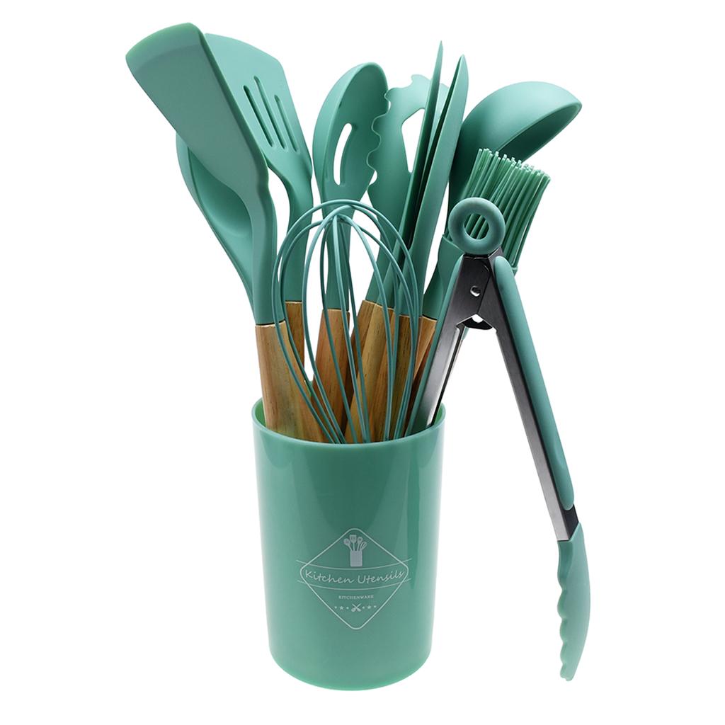 12 piece wooden handle silicone kitchenware set for simple kitchen style cooking with storage bucket and boxed kitchenware set
