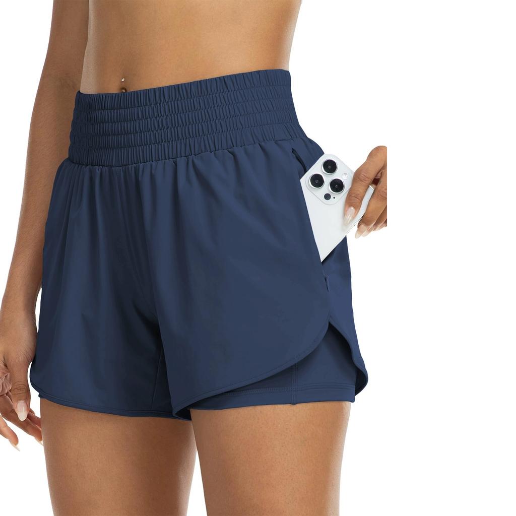 Women's High-Waisted 2-in-1 Quick-Dry Shorts with Zipper Pocket Elastic Waist for Workout Running Gym Yoga Fitness Sportswear