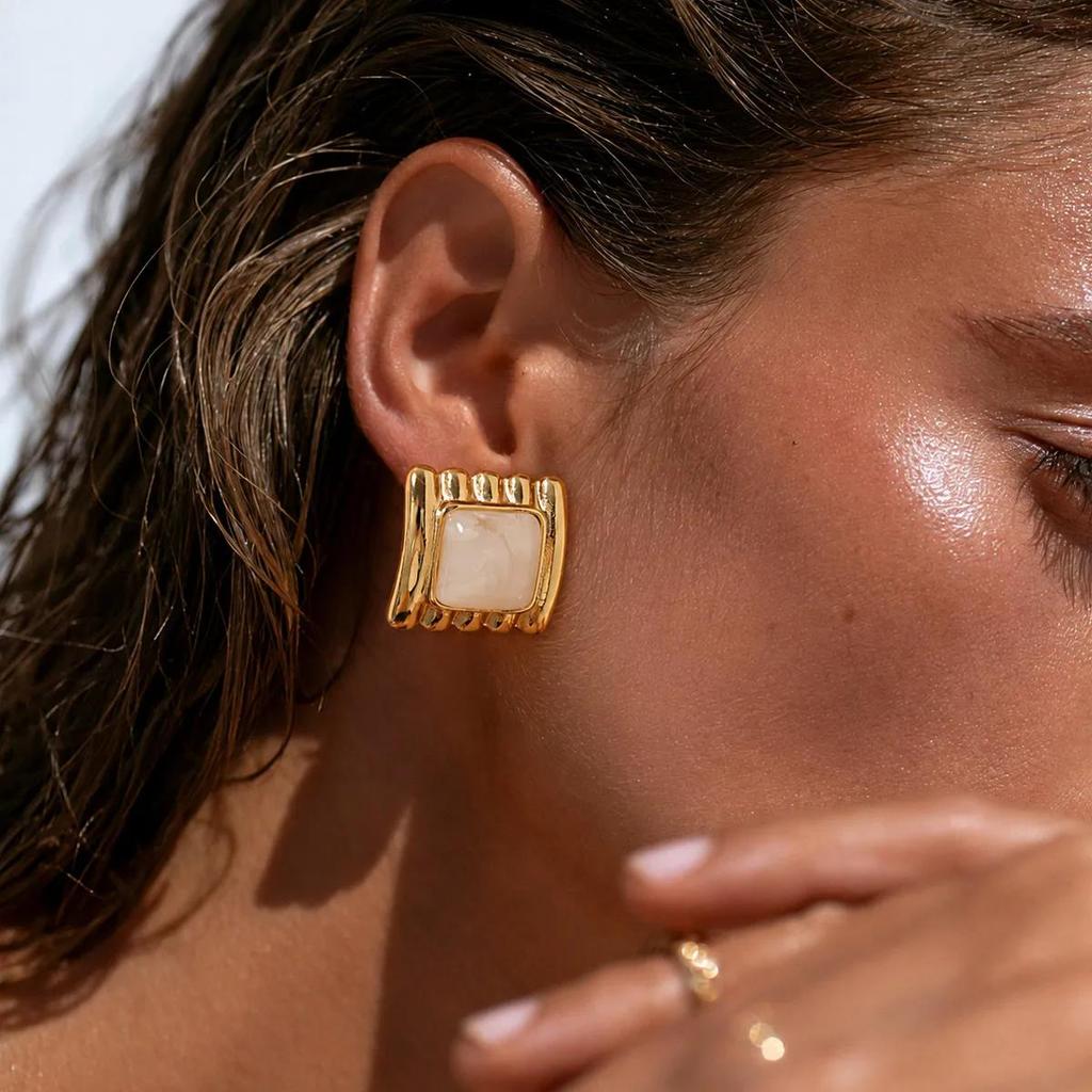 New 7 Colors Luxury Gold Plated Stainless Steel Stud Earrings for Women Vintage Acrylic Resin Square Earrings Boho Jewelry