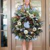 Hydrangea White Pumpkins Ranunculus Wreath for Front Door Hanging Ornament Thanksgiving Fall Home Decor Garland 3styles Option