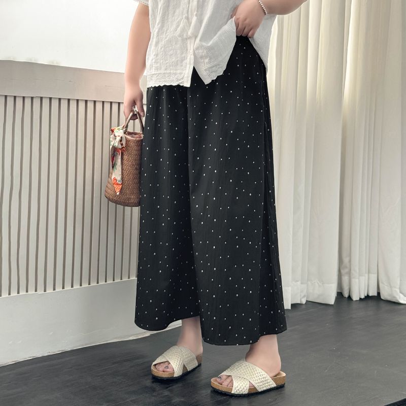 Plus size women clothing [Polka Dot Yamamoto Culottes] Gentle Wind Wear Wrinkle Feeling Loose Summer Chubby Girl Capri Wide Leg Pants