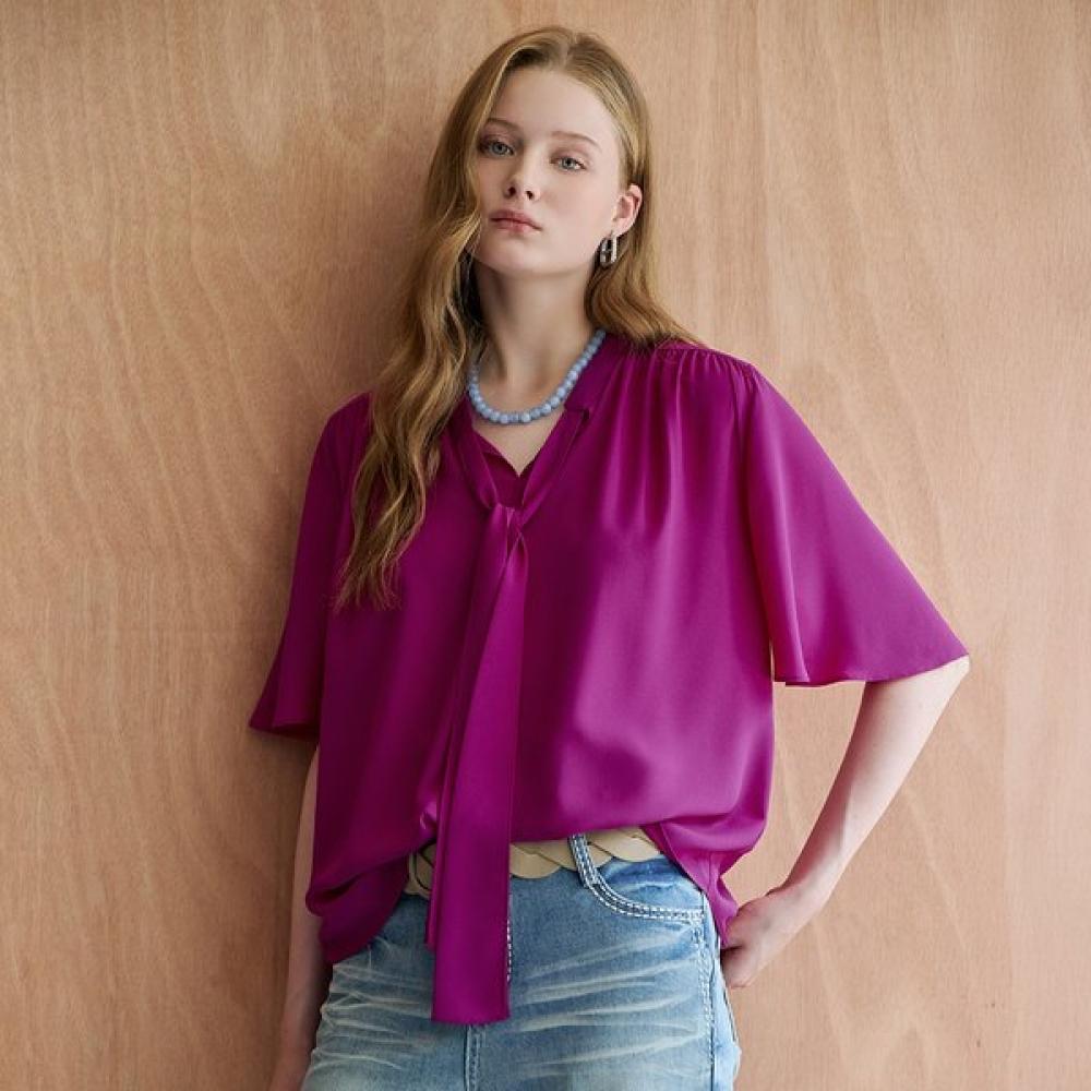 Maxza Shirred Draped Tie Short Sleeve Blouse Zf08qb602nh