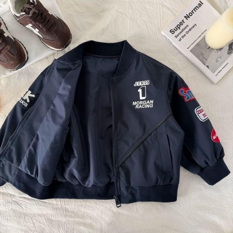 Boys 2026 Casual Baseball Jacket Kids 3-8 Years Thin Long Sleeve Hoodless Outerwear With Letter Print In Navy