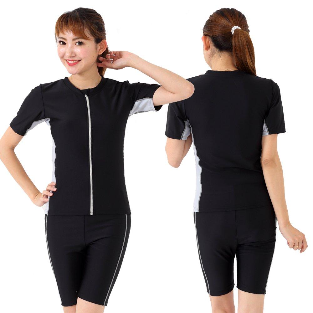 Le Mode de Toa Fitness Separate Short Sleeve Swimsuit with Swim Plus Top and Bottom Includes A135 Black Women's Swimsuit, Cap, Sizes, Set, Anti-Flip,