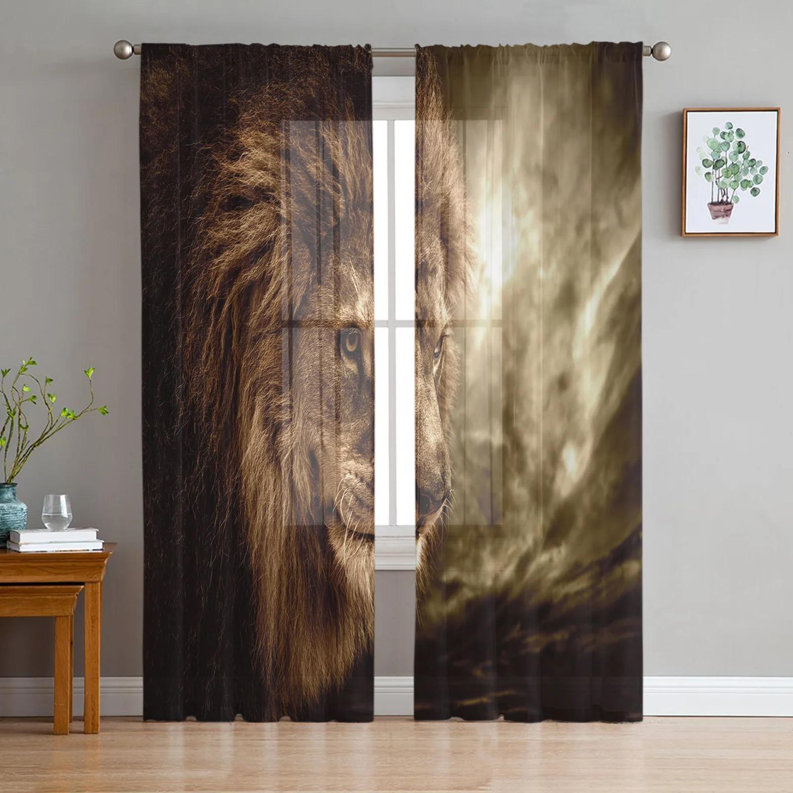 Afrikaanse Wilde Dieren Leeuw Transparante Gordijnen Woonkamer Raam Tule Gordijnen Voor Slaapkamer Ruimte Keukenruimte Huisdecoratie Voile Gordijnen W135 x H115cm x1&Grommet Top