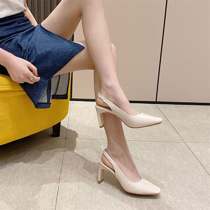 K88-A Korean Style Women's Patent Leather Slingback Peep Toe Sandals with Square Chunky High Heels