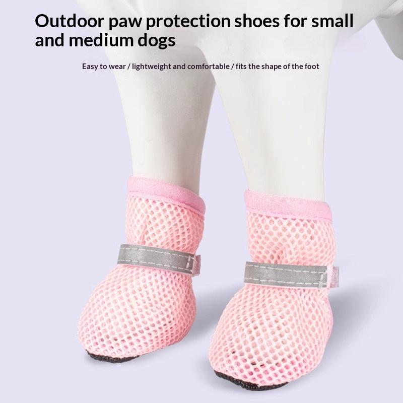 Summer Breathable Mesh Puppy Shoes 4Pcs Set Soft Anti-Slip Sole Adjustable Paw Protector Boots for Pet Outdoor Camping
