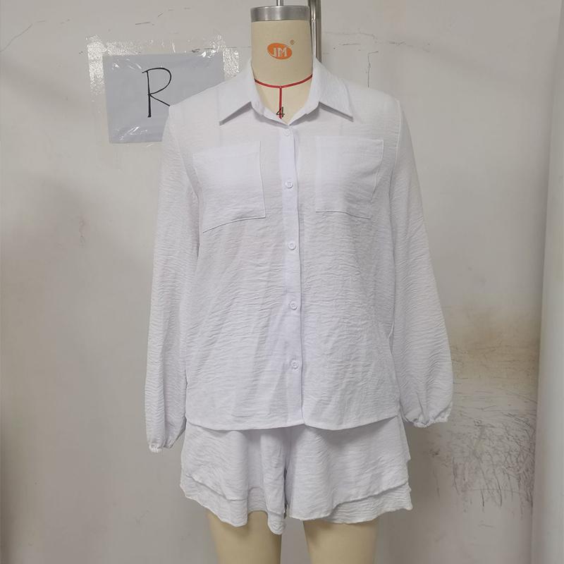2024 Summer Women's Long-sleeved Tops Ruffled Shorts Casual Fashion Suits