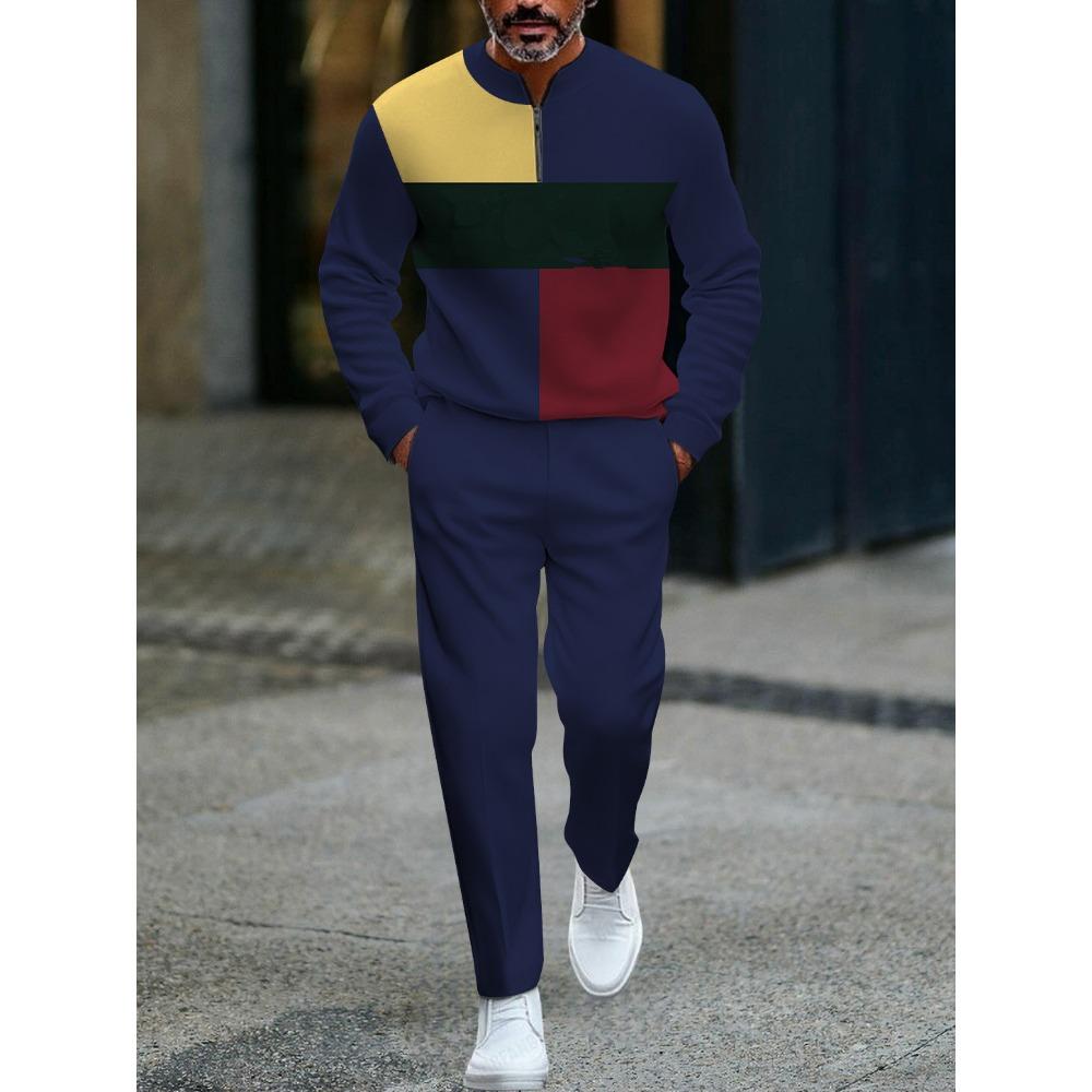 Spring Autumn 3D Printed Fashion Cool Men's Long-Sleeved Sets Half-Zipper Stand-Up Collar Men's Casual Sportswear Two-Piece Set