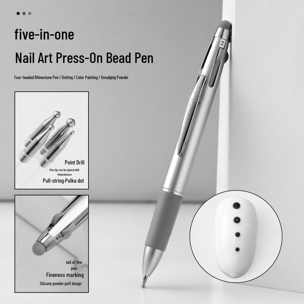 Multi-Head 5-in-1 Nail Art Pen: Dotting, Powder Smearing, Wire Pulling, Rhinestone Tool