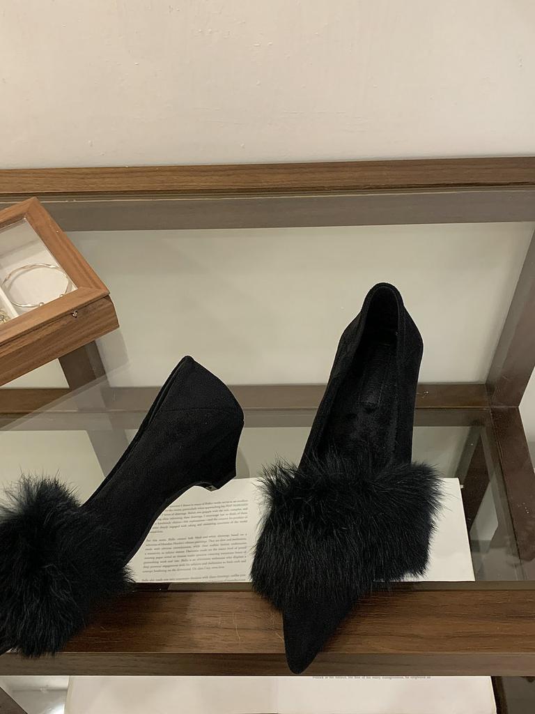 French fluffy low-heeled shoes women's pointed head sexy light mouth celebrity style skirt rabbit fur plush warm shoes