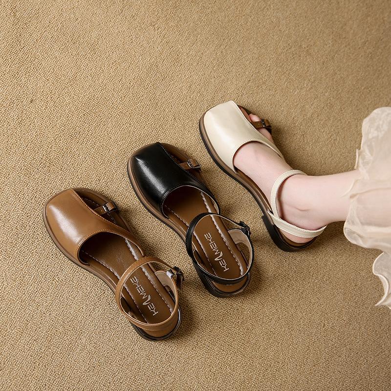 Beige Heeled Sandals Buckle Strap Comfort Shoes for Women Summer Black Flat Clear Low Fashion Closed Girls Fretwork