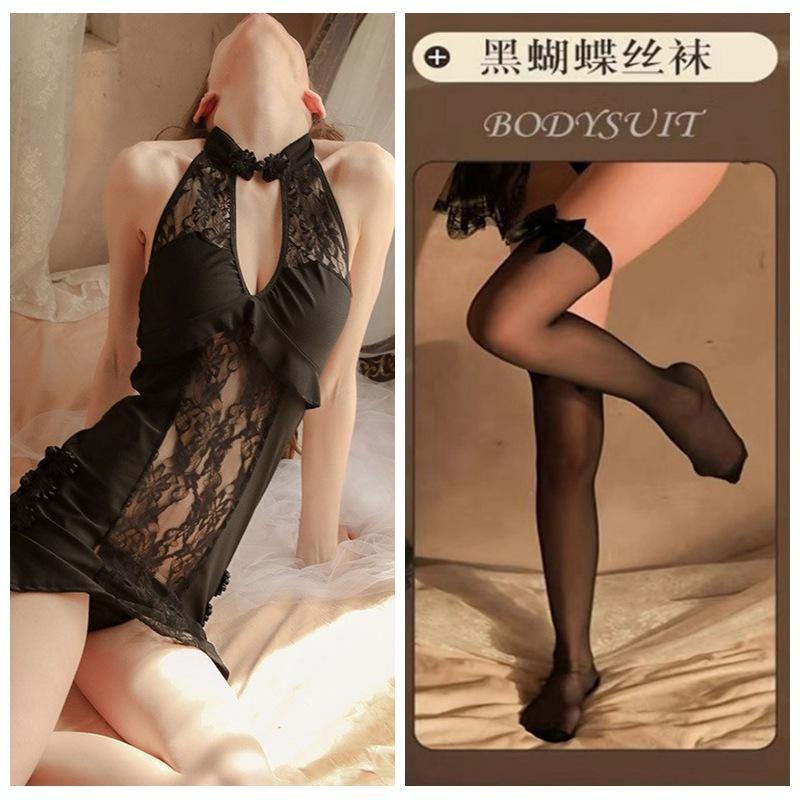 Sexy Lace Seduction Deep V Vintage Cheongsam Pajamas Hot Uniform Seduction Set