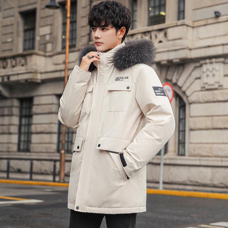 Down Jacket Men's Mid-length 2025 Large Fur Collar Hooded Jacket Winter Workwear Trendy Sports Casual Warm Coat