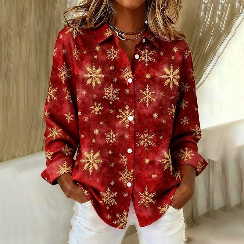 Christmas Style Women's Long-Sleeve Collared Breathable Shirt Relaxed Fit Plus Size Women's Christmas Party Top