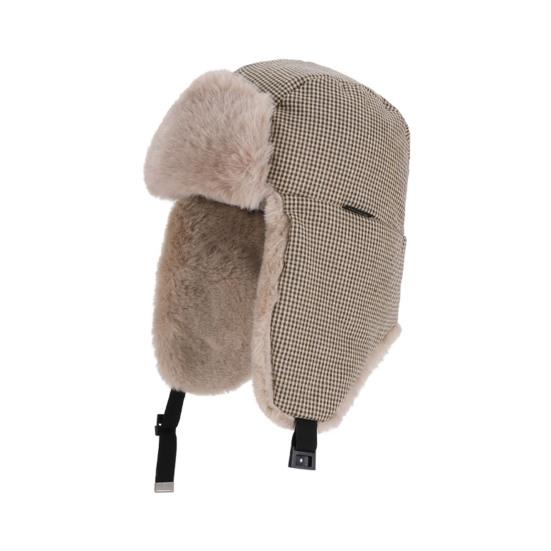 Lei Feng Hat Plaid Print Velvet Lining Buckle Closure Ear Protection Hat Windproof Cold Weather Outdoor Hat