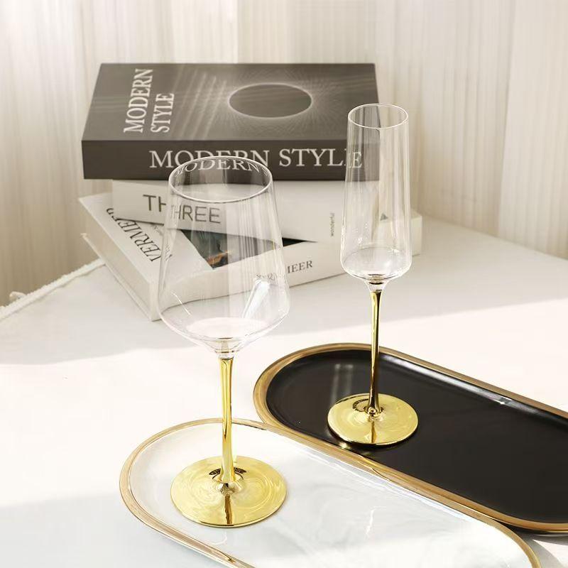 Creative Electroplated Gold Rod Crystal Red Wine Glass Champagne Whiskey Water Glasses Bright Gold Bottom Goblet Barware
