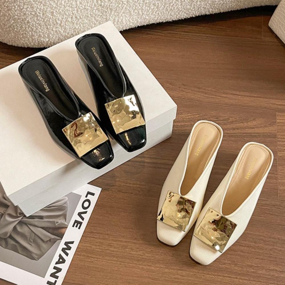 Fashion Slippers Women's Sandals Metal Square Buckle Premium Square Head Half Slippers Women's Retro Flat Bottom Bag Head Cool Slippers