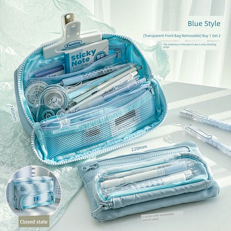 

Pencil Case Girls Primary School Students Multi-Layer Ins Japanese Style Good-looking Junior High School Students Dedicated Stationery Case Pencil Box Blue (transparent front bag removable) buy 1 to 2