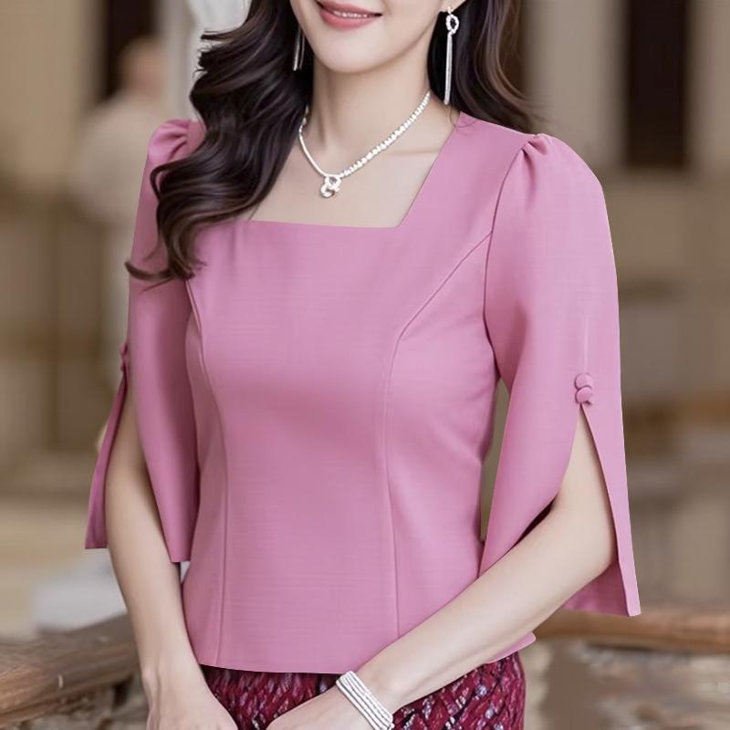

ZANZEA Women Elegant Square Neck Casual Split 3/4 Sleeve Plain Blouse S розовый