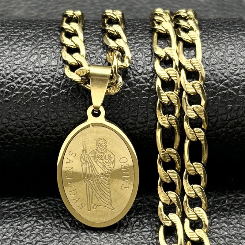 Collar Colgante Medalla Cristiana de San Judas Tadeo para Hombres Mujeres Acero Inoxidable Color Dorado Plateado Cadena de San Judas Joyería