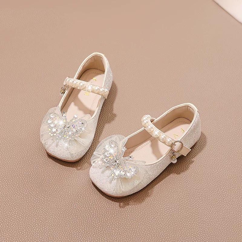 2026 Spring/Autumn Girls' Princess Leather Shoes - Shiny Crystal Rhinestone Baby Flats