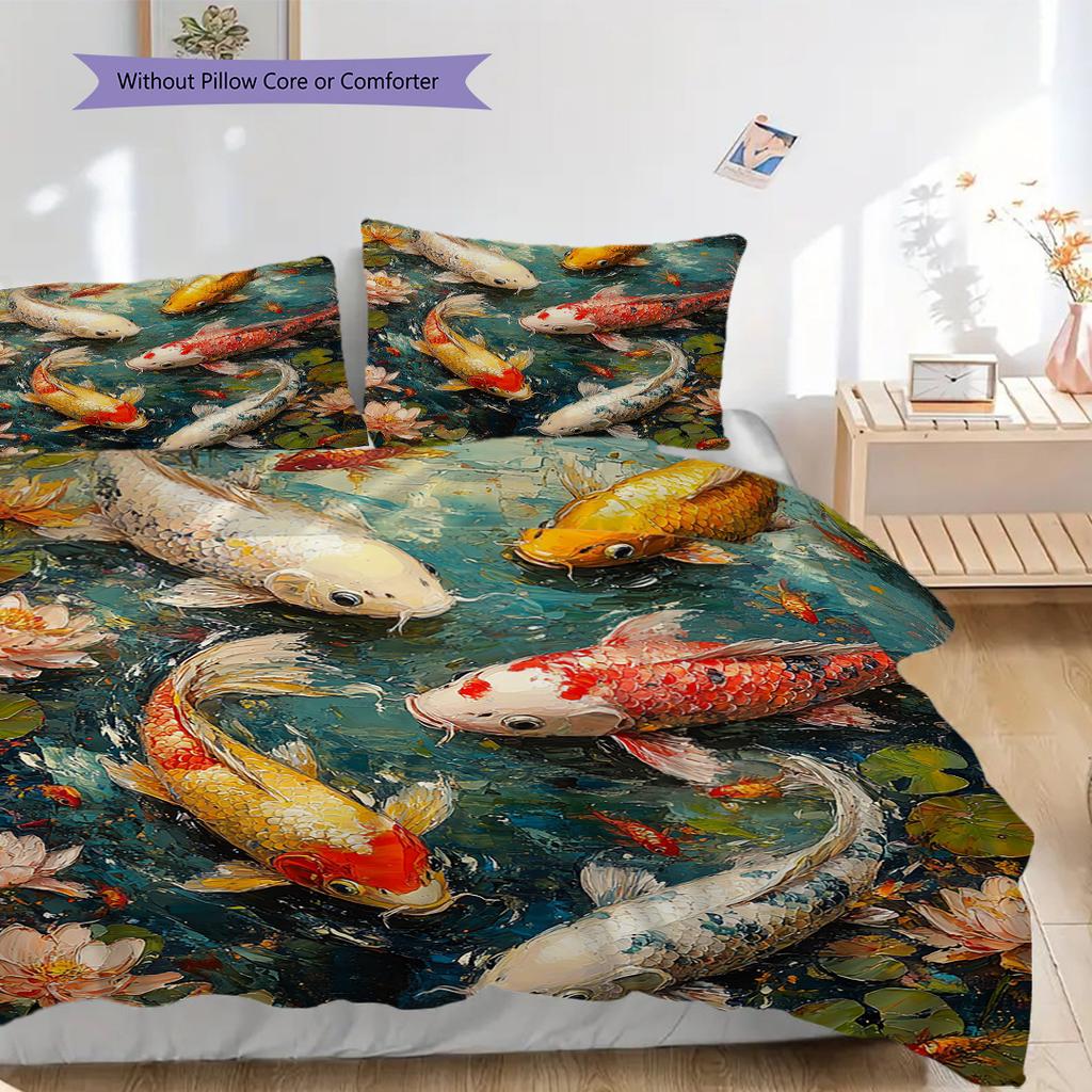 Koi Fish Pattern Bedding Quilt Set Quilt Cover Pillowcase Home Decoration Birthday Gift (1 * duvet cover + 2 * pillowcase, without core)