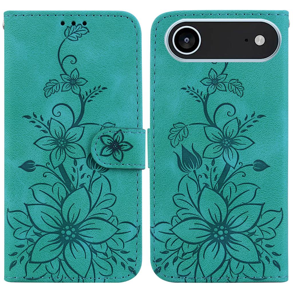 Für iPhone 17 Air Ständerhülle Lily Flower Prägung Leder Handyhülle mit Handschlaufe