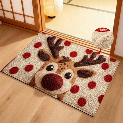 Artificial Fur Floor Mat Cartoon Deer Dog Pattern Christmas Themed Non-slip Rug Living Room Bedroom Kitchen Decor