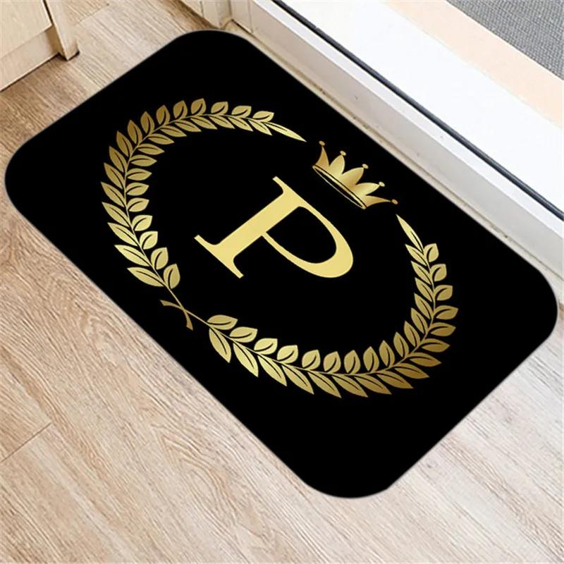 Kitchen Bathroom Non-slip Floor Mat Style Indoor Rug Black Gold Crown Letter Decoration Entrance Door