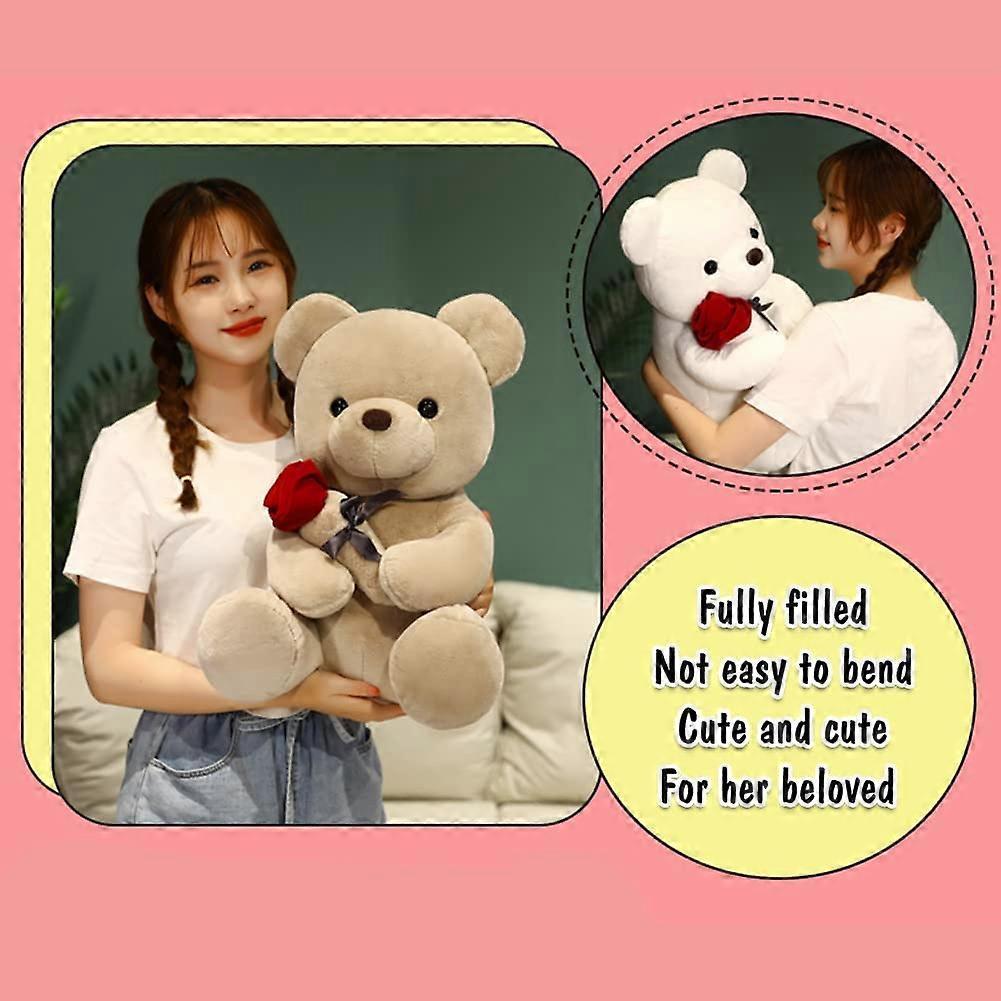 Plush Stuffed Animal Bear with Rose, Cute Stuffed Animal Toys Pillow Teddy Toys Bear Doll Gift for Kids Boys Girls Birthday Christmas Valentines Day G