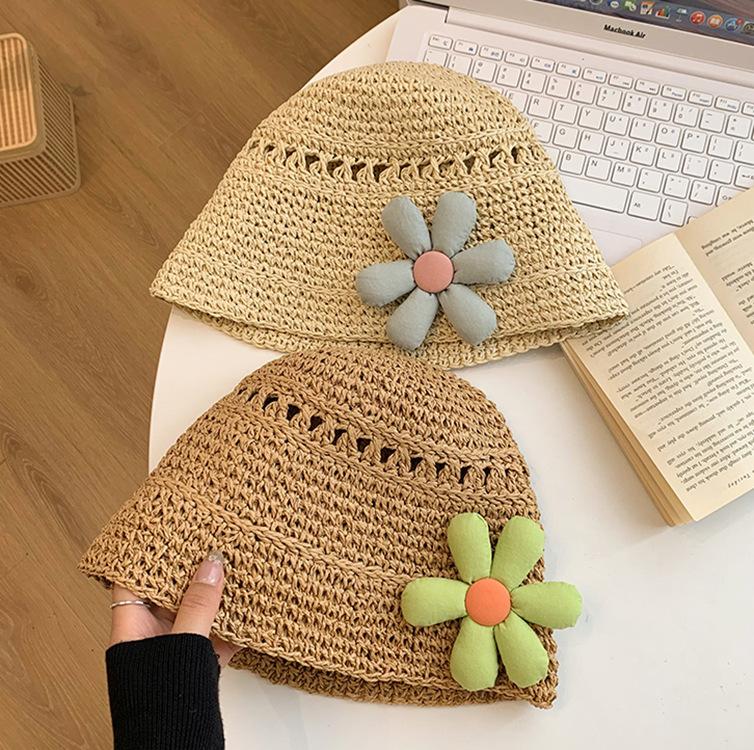 New Short Brim Sun Hat Women's Summer Handmade Straw Hat Sunscreen Small Flowers Cute Bucket Hat Tide