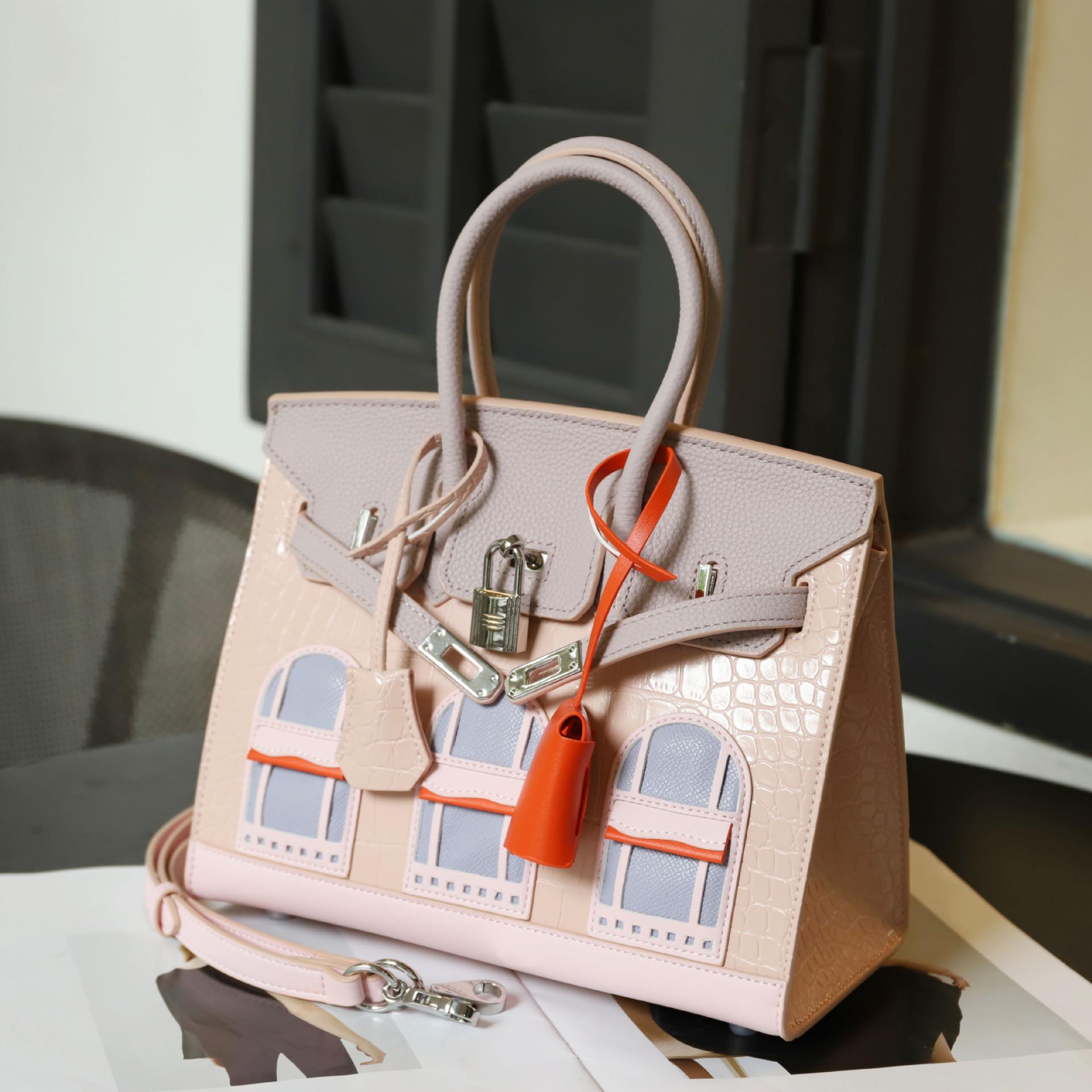 

Сумка из воловьей кожи крокодиловой кожи контрастного цвета через плечо, кожаная женская сумка для пожилых людей, сумка для дома, сумка через плечо 25x13x20cm розовый