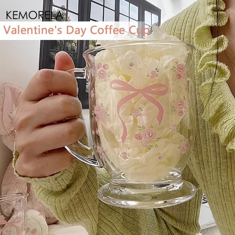KEMORELA 1/2 ST Blomma Ros Rosett Mönster Glas 450ml Multifunktionell U-formad Handdiskbar Återanvändbar Glas Lämplig För Kaffe