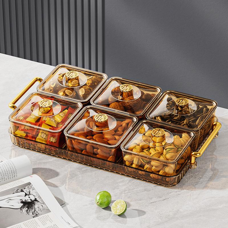 2/4/6 Grid Acrylic Snack Platter With Lid Fruit Plate Partition Platter Living Room New Year Dried Fruit Tray Candy Storage Box